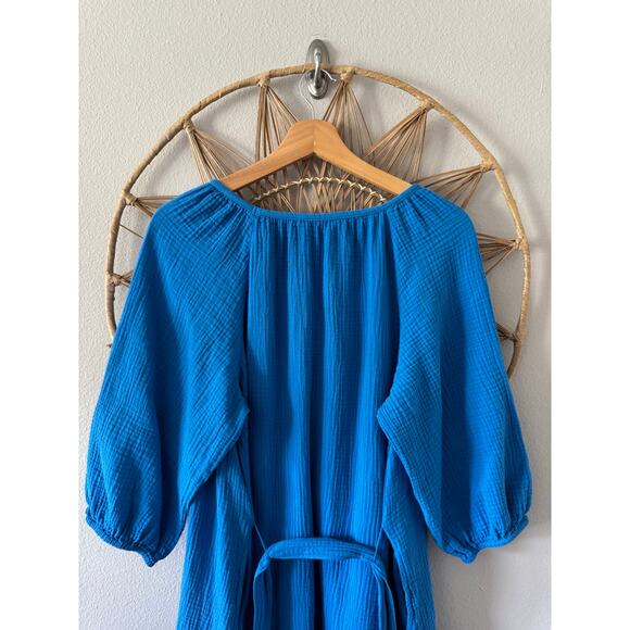 Sonoma Blue Gauze Muslin Flowy Dress/Tunic w/ Waist Belt Tie Pockets Sz LARGE - Picture 9 of 11